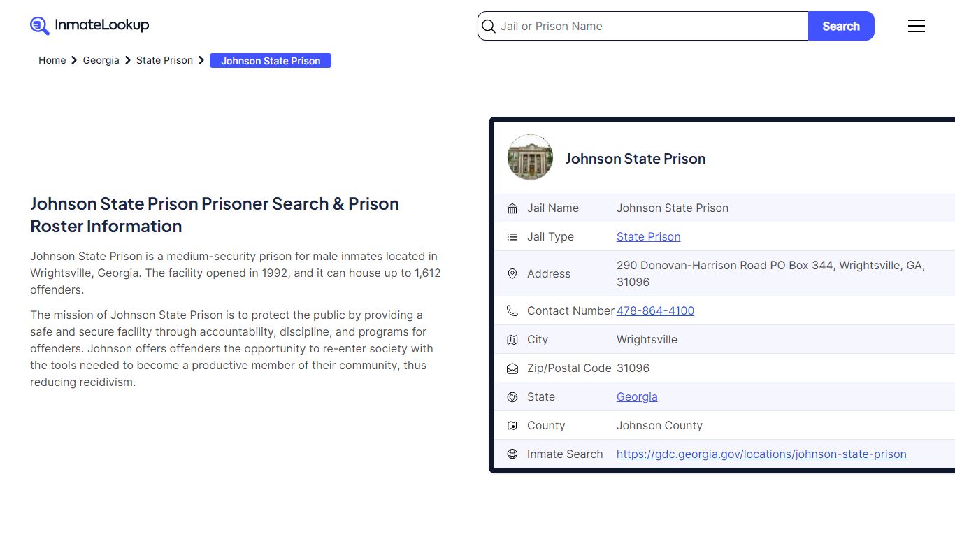 Johnson State Prison Inmate Search and Jail Roster Information